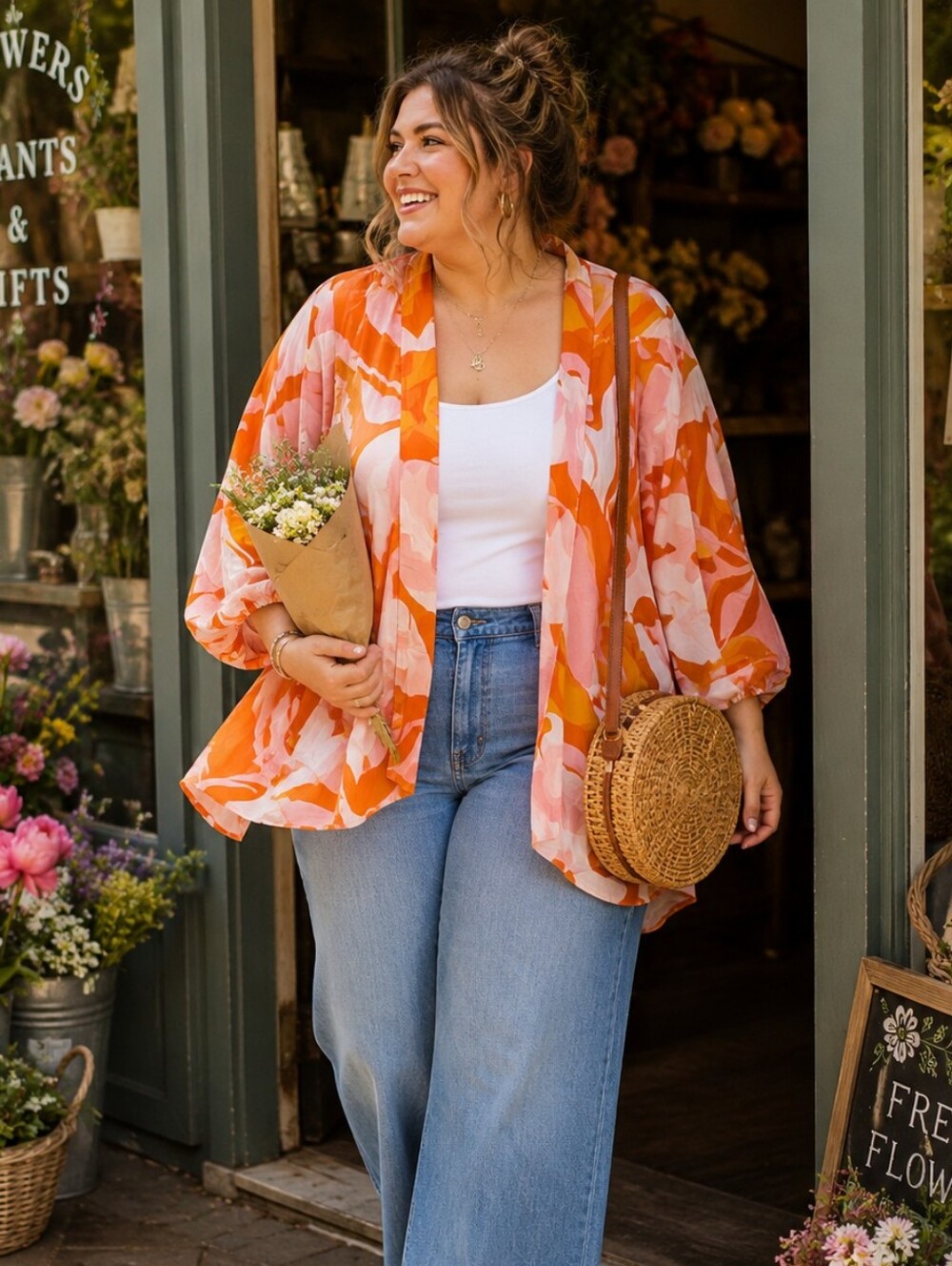 Cato Plus Size 22/24: Lightweight Tie Front Orange & Pink Floral Cardigan Kimono